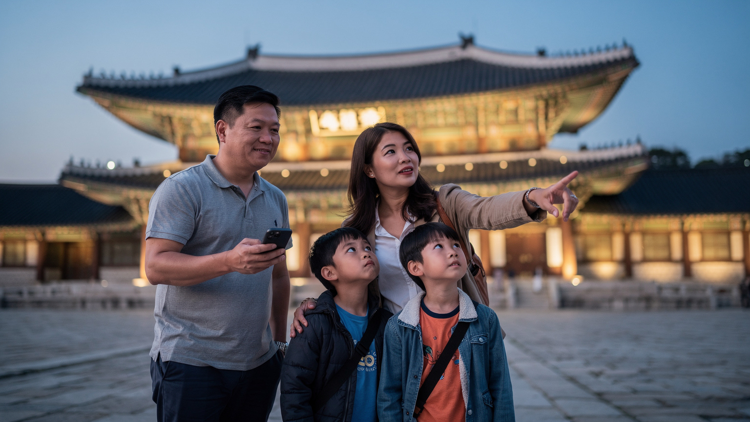 Vietnamese family at Gyeongbokgung Palace at dusk, father checking phone, symbolizing seamless connectivity during travel.