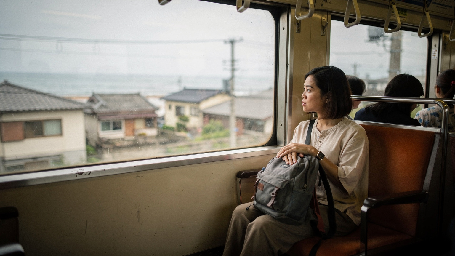 รถไฟท้องถิ่นนอกเมืองกามากุระ ช่วงสาย นักเดินทางหญิงมองทิวทัศน์ผ่านกระจก กระเป๋าวางข้างๆ ไม่มีมือถือในเฟรม