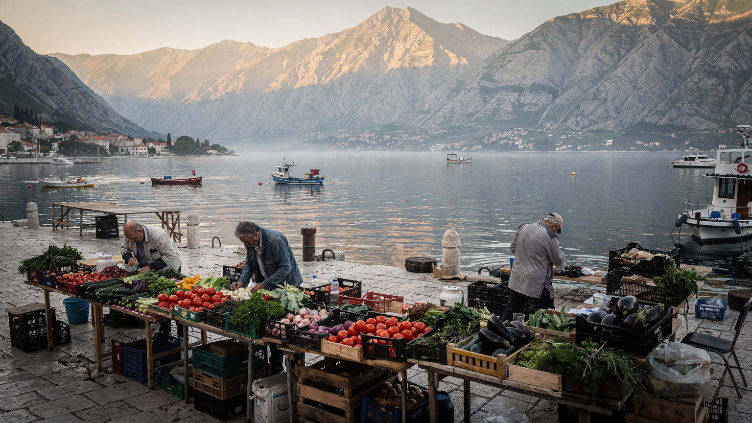 Havnen i Kotor tidlig morgen med fjell og grønnsaksboder