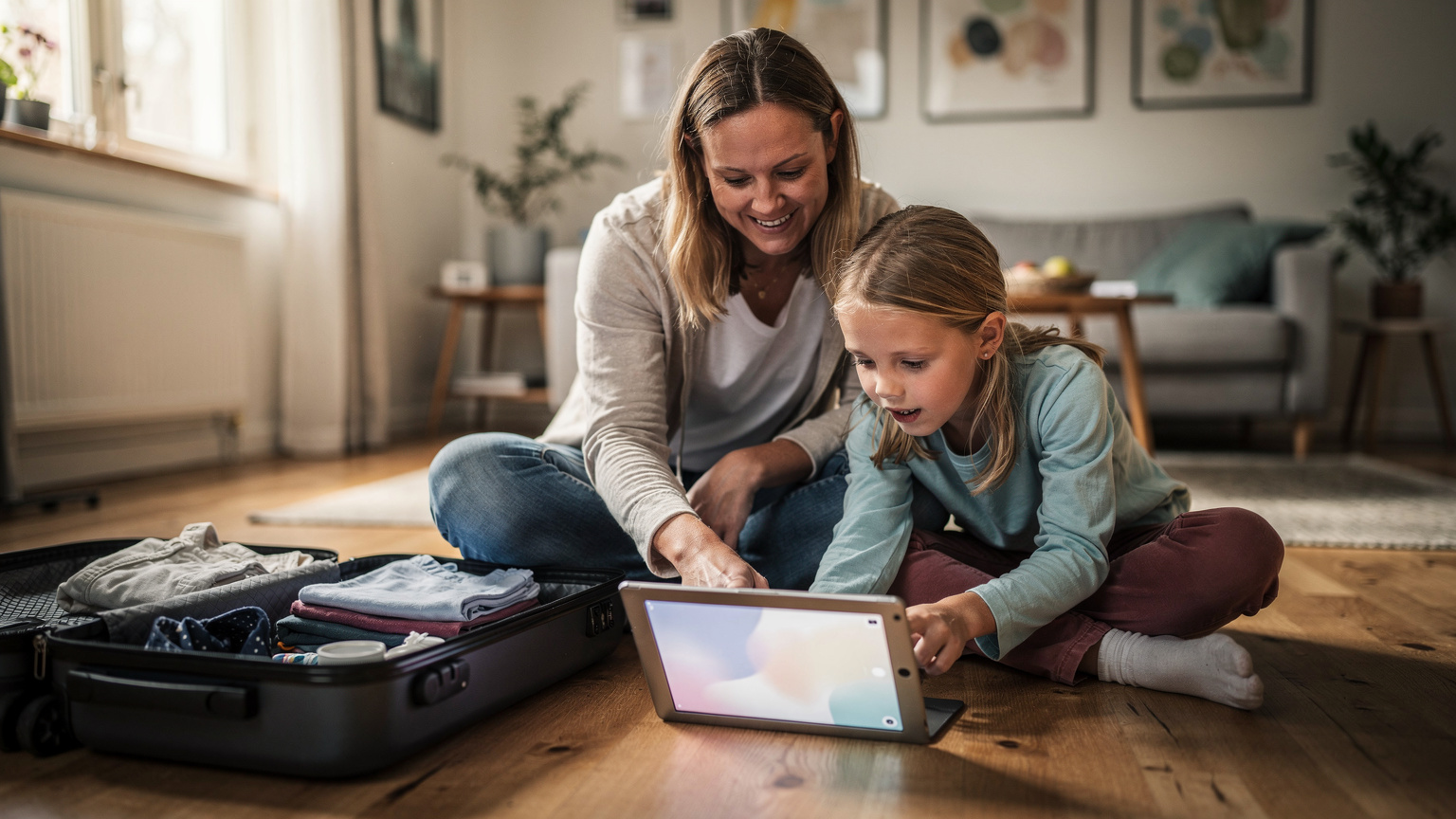 Mor og datter installerer eSIM på iPad hjemme før avreise