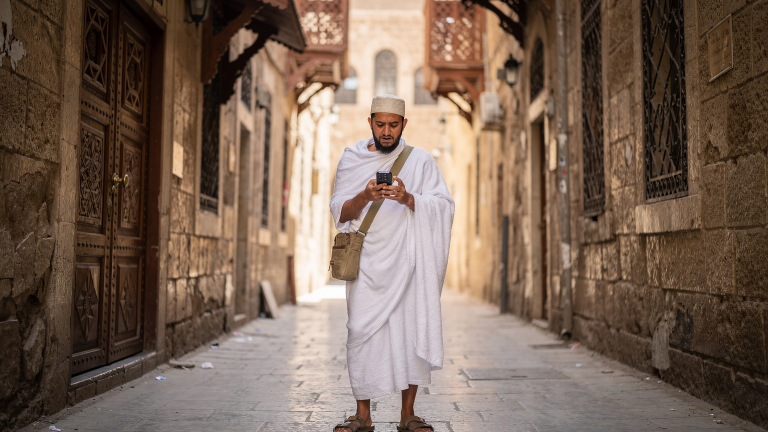 Jemaah haji menggunakan telefon pintar di lorong sempit Madinah.