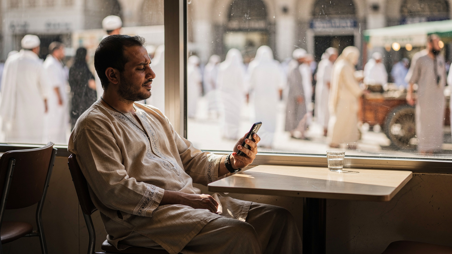 Jemaah haji berehat di kafe Madinah melihat telefon dengan latar belakang jalan sibuk.