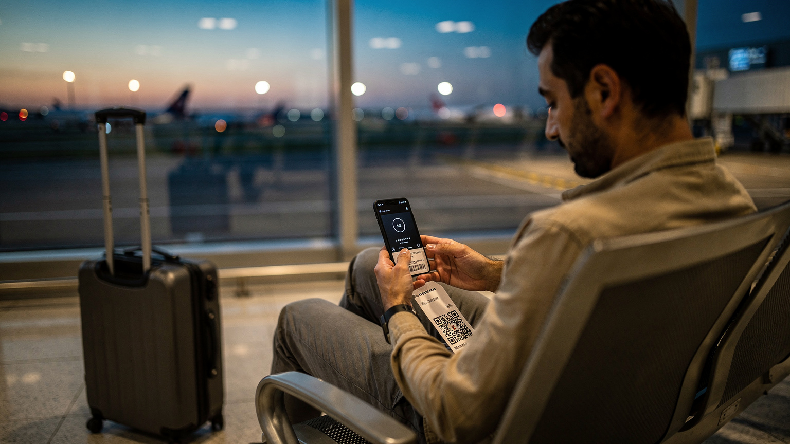 Пассажир в аэропорту Стамбула сканирует QR-код для eSIM