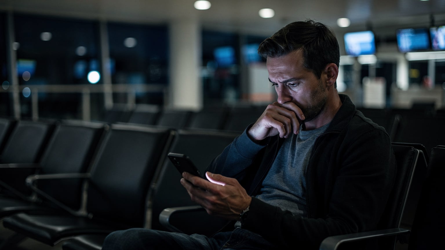 A lone traveler sits in a dimly lit, near-empty airport terminal, staring at their phone screen with a look of concern or frustration, reflecting common travel issues.