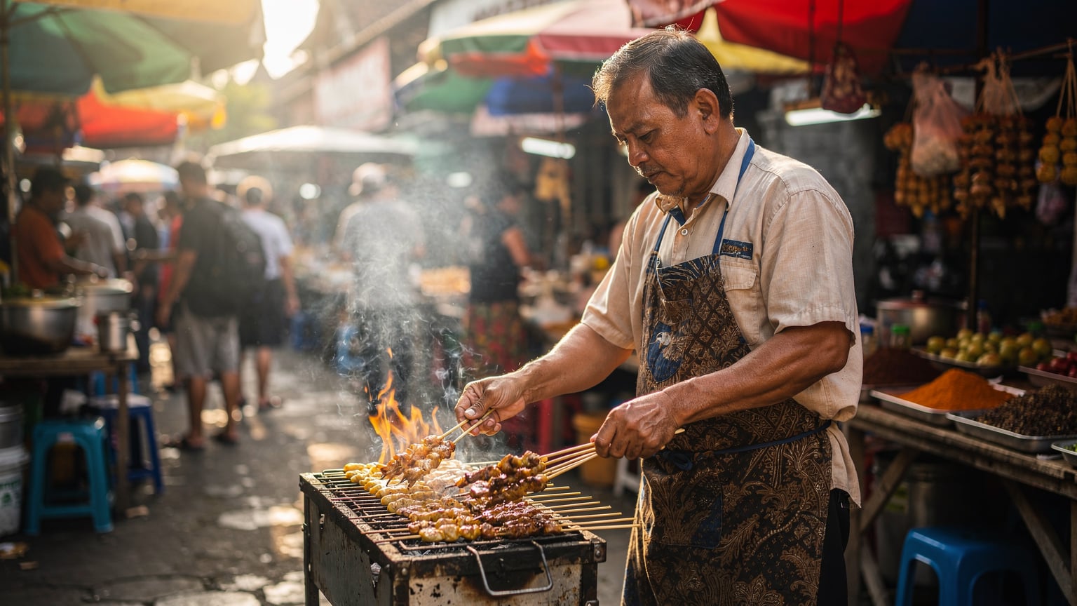 A street food vendor in Denpasar, Bali, expertly grills satay skewers over an open charcoal flame, surrounded by the bustling activity of a local market.
