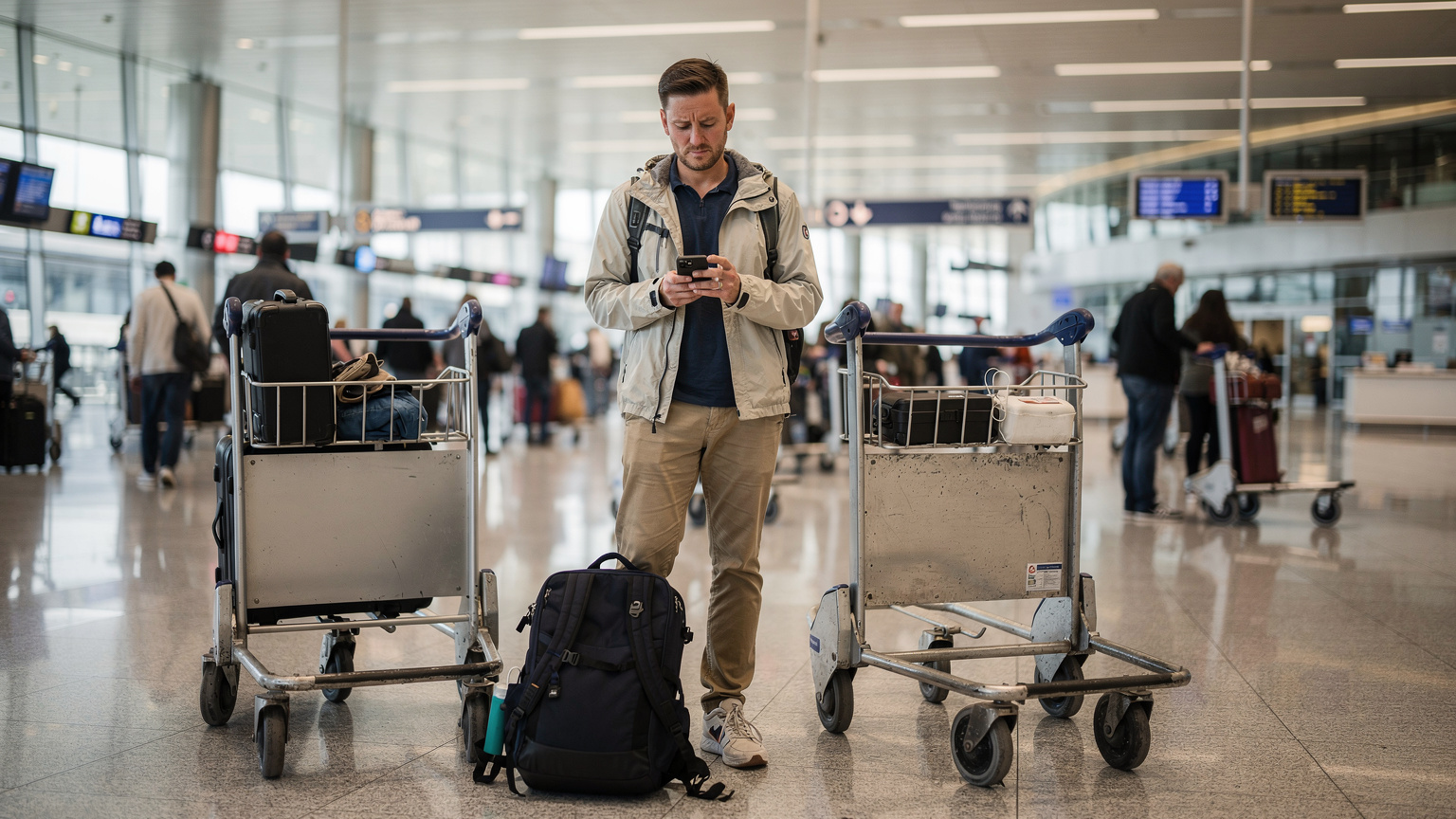 Ein Reisender bei der Ankunft in einem geschäftigen Flughafen, der sich verunsichert sein Smartphone ansieht, während sein Gepäck neben ihm steht.
