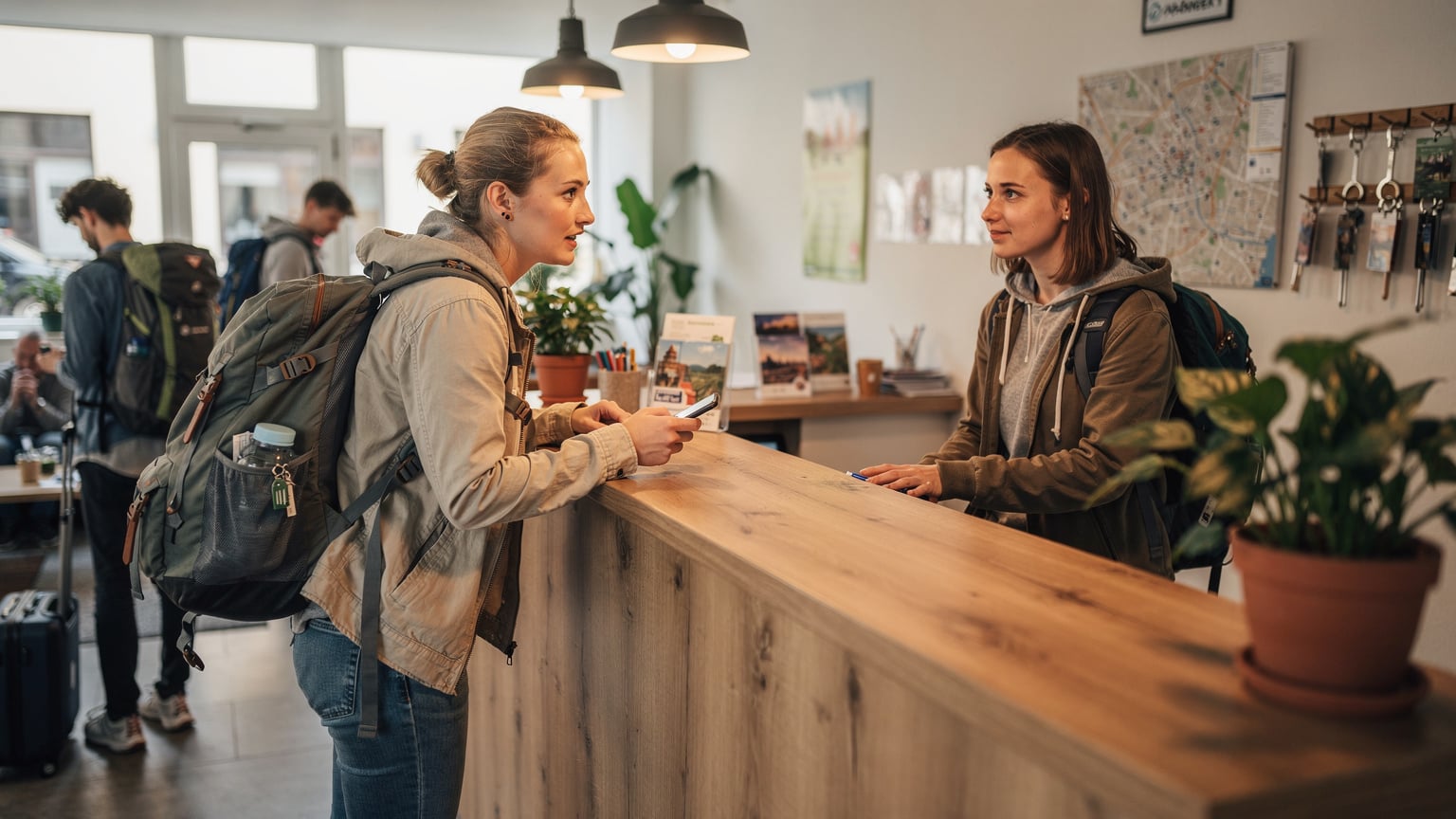 Eine junge Frau mit einem modischen Rucksack steht am Schalter einer Jugendherberge in Berlin-Mitte und fragt nach dem WLAN-Passwort, während sie ihr Smartphone in der Hand hält. Im Hintergrund sind andere Backpacker beim Check-in zu sehen.