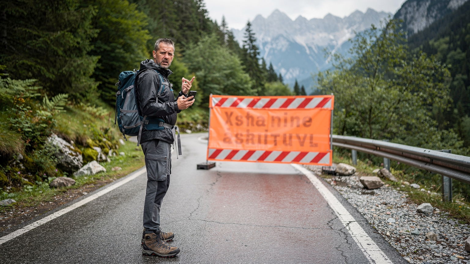 Ein Reisender steht frustriert vor einer gesperrten Landstraße in den slowenischen Alpen, sein Smartphone zeigt eine irrelevante Offline-Karte. Ein oranges Baustellen-Warnschild ist deutlich zu sehen.