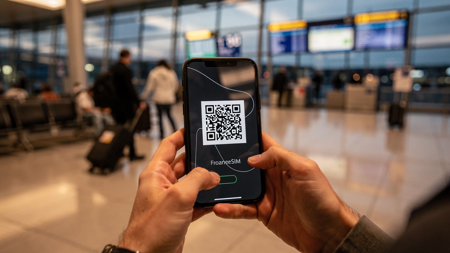 Nahaufnahme eines Smartphones, das einen QR-Code auf dem Bildschirm anzeigt, vor dem Hintergrund eines geschäftigen, modernen Flughafenterminals in München, kurz vor einem Flug am frühen Abend.