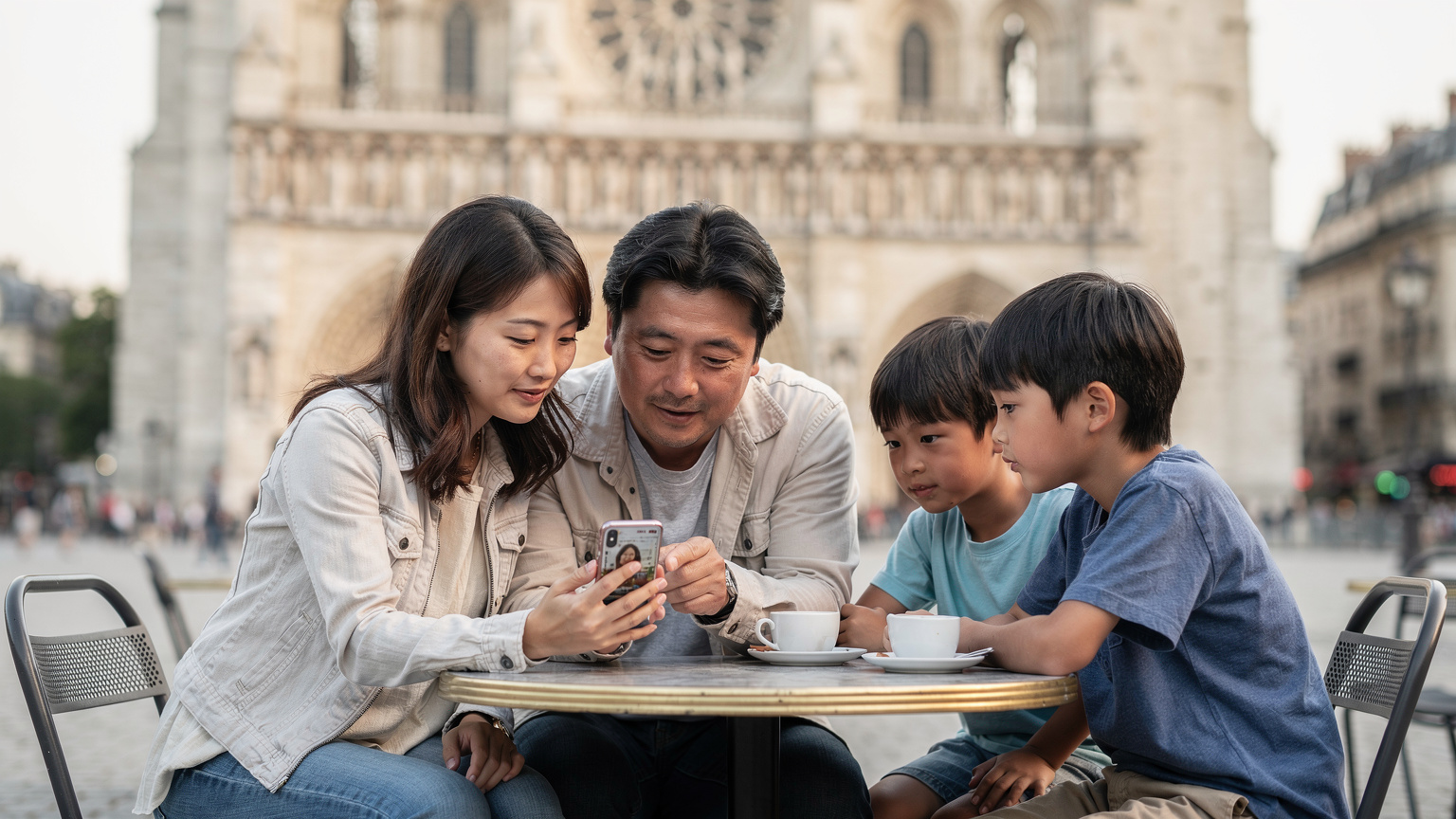 Japanese family in Paris cafe, mother holding phone, father pointing, children looking at screen with Notre Dame visible.