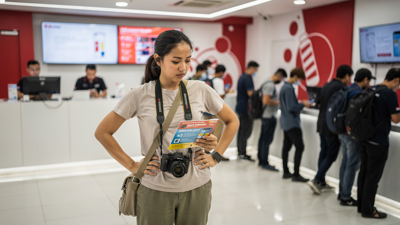 Bir yolcu, Jakarta'daki kalabalık bir Telkomsel Grapari mağazasında, ellerini beline koymuş, arkasında bir sıra oluşurken bir broşüre şaşkınlıkla bakıyor.