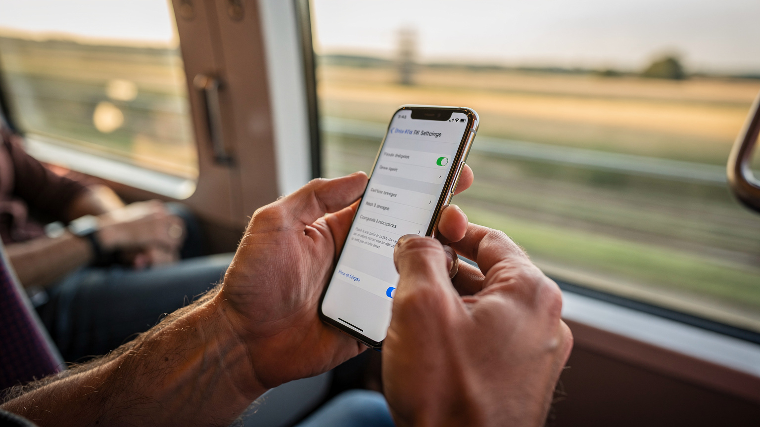 Gros plan sur des mains d'adulte tenant un smartphone, le pouce effleurant l'écran pour sélectionner une option sur un menu de réglages. L'arrière-plan est légèrement flou, montrant l'intérieur moderne et animé d'un train à grande vitesse TGV, avec des paysages français défilant rapidement derrière la fenêtre. La lumière naturelle de fin d'après-midi éclaire doucement la scène.
