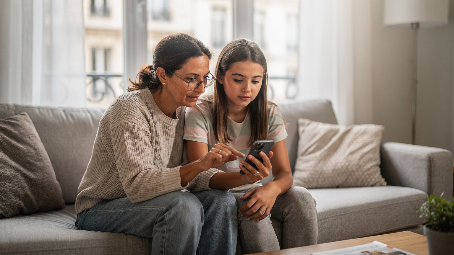 Une mère et sa fille adolescente, assises confortablement dans le salon d'un appartement à Lyon, sont penchées sur un smartphone. La mère, les lunettes posées sur le nez, montre quelque chose sur l'écran à sa fille attentive. La lumière du matin filtre doucement à travers la fenêtre, éclairant la scène.