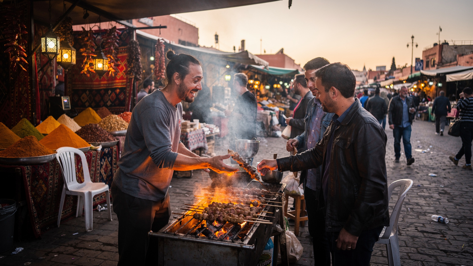 Un marché local animé à Marrakech, avec un vendeur de street food proposant des brochettes fumantes à des passants. Les couleurs vives des épices et des tissus sont mises en valeur par la lumière douce du crépuscule. L'ambiance est joyeuse et authentique.