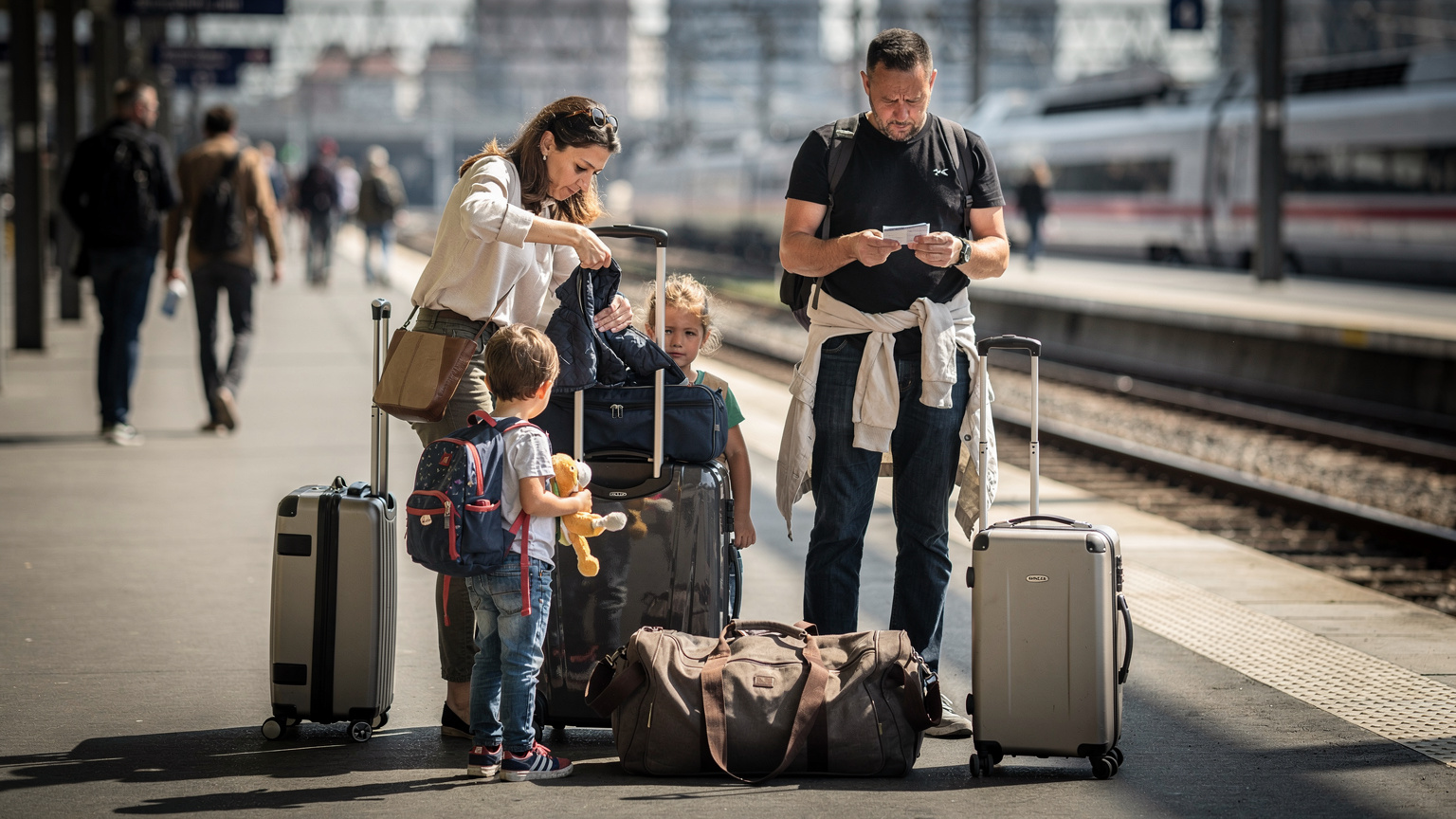 Départ en famille sur le quai de la gare de Lyon Part-Dieu, lumière dure de midi