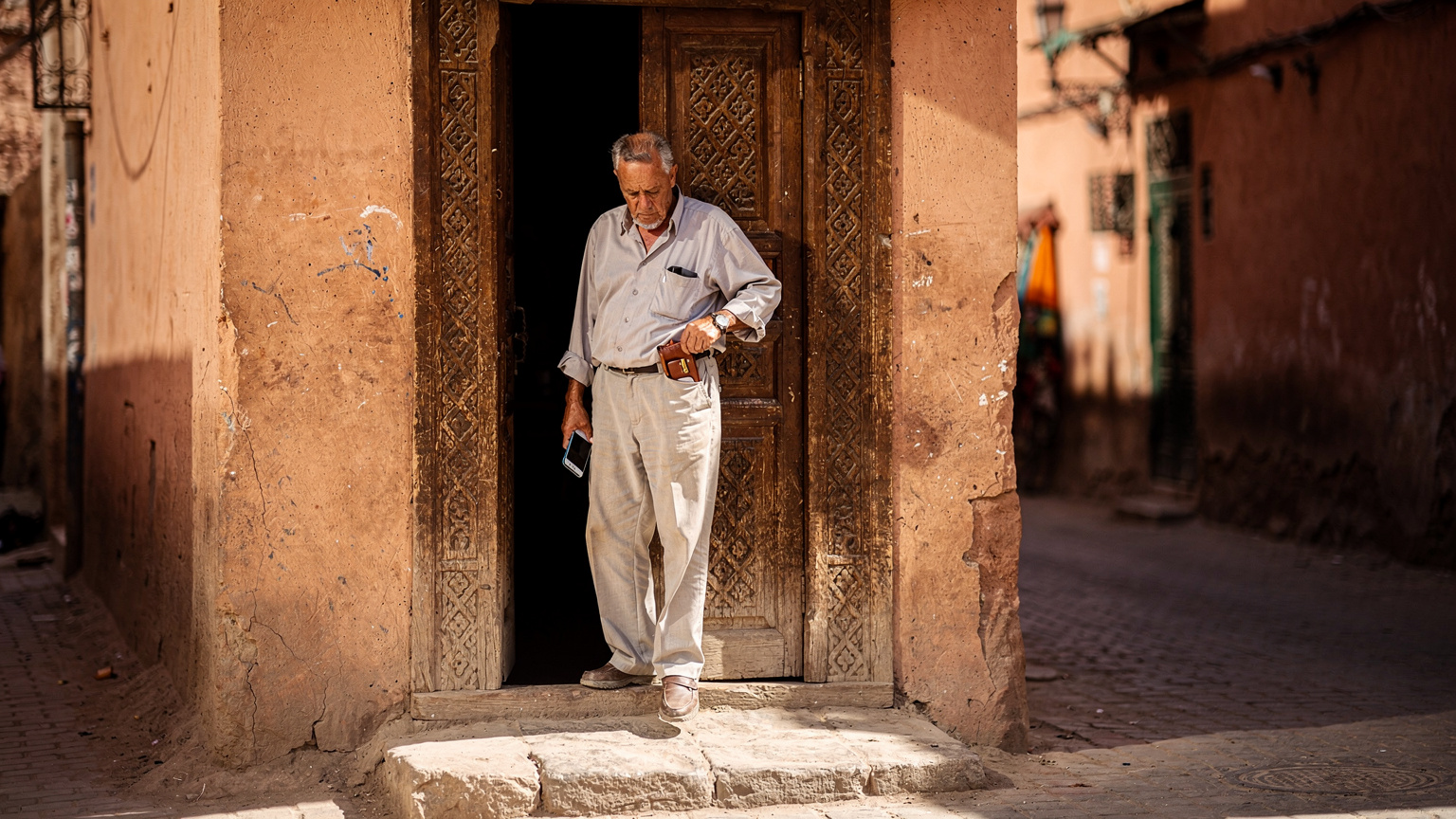Porte de riad à Marrakech, homme réglant son téléphone avant de sortir