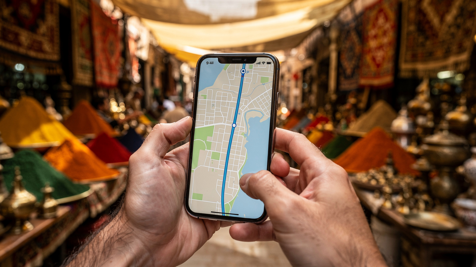 Zbliżenie na dłonie trzymające smartfon, na ekranie którego wyświetla się mapa z zaznaczoną trasą. W tle, rozmyte, widać tradycyjny egipski suk z kolorowymi przyprawami i tkaninami.