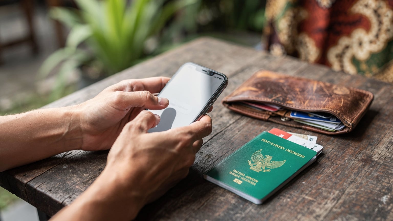 A traveler using their smartphone to set up an eSIM, with their passport and a small travel wallet on a cafe table in Yogyakarta, Indonesia.