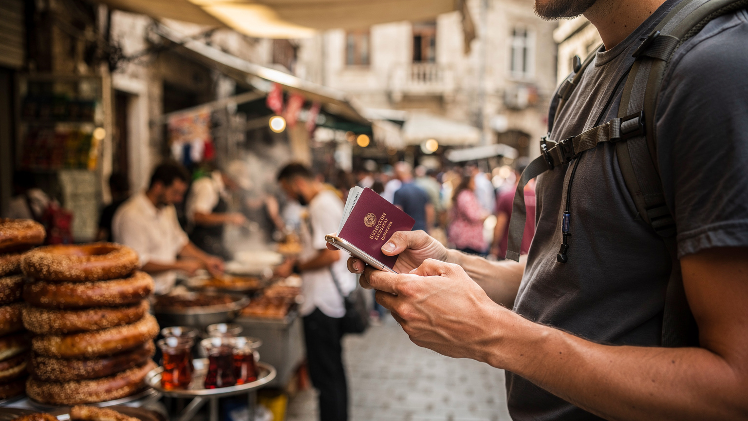 İstanbul'un kalabalık bir sokak lezzetleri pazarında, elinde pasaportu ve dikkatle telefonuna bakan bir sırt çantalı gezgin, çevresindeki canlılığa rağmen teknolojik bir işleme odaklanmış durumda.