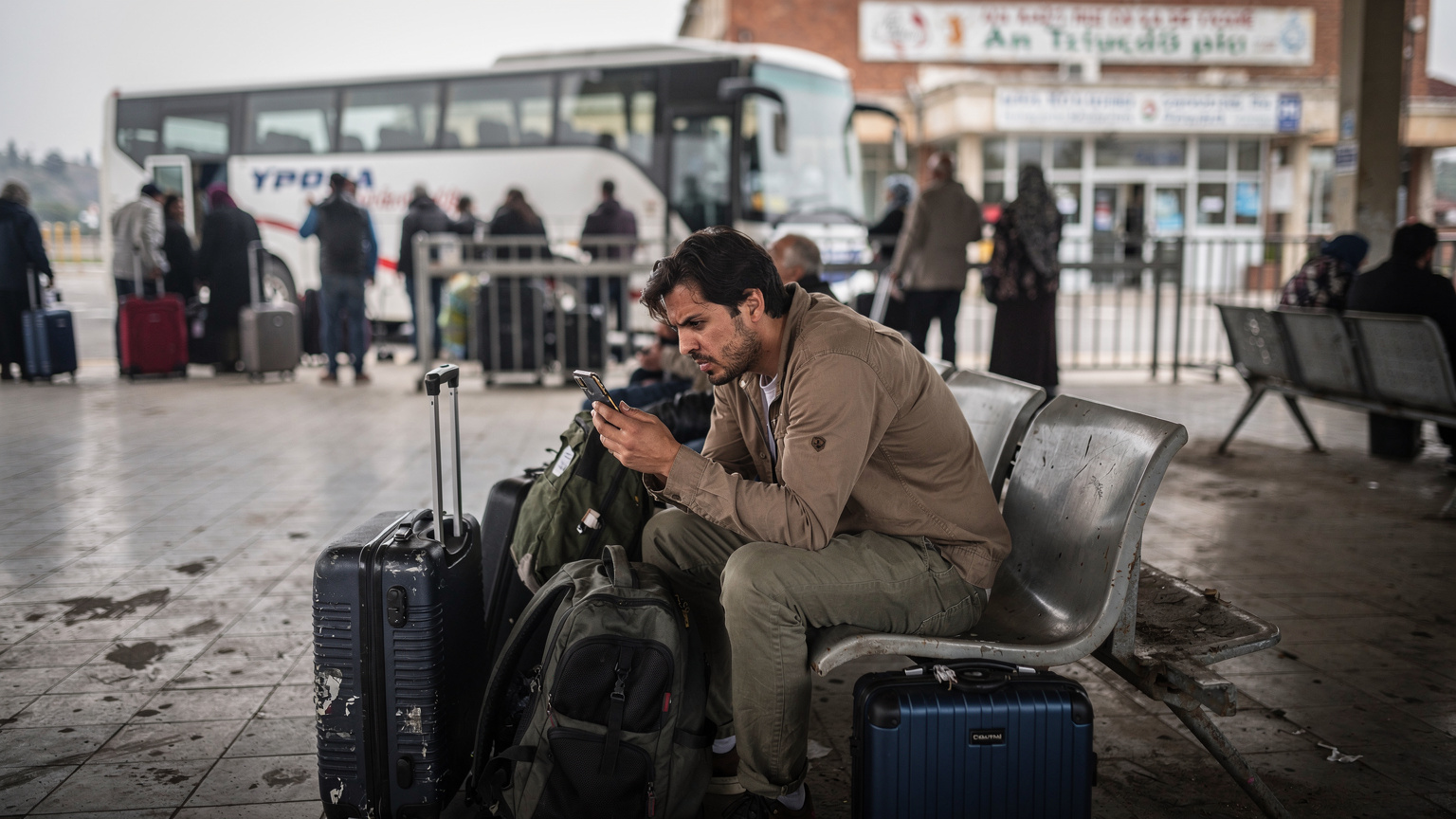 Yunanistan-Türkiye sınır kapısındaki bir otobüs terminalinde, valizleri arasında oturan, yorgun bir gezginin telefonundaki haritaya baktığı an. Etrafta eski otobüsler ve kalabalık var.