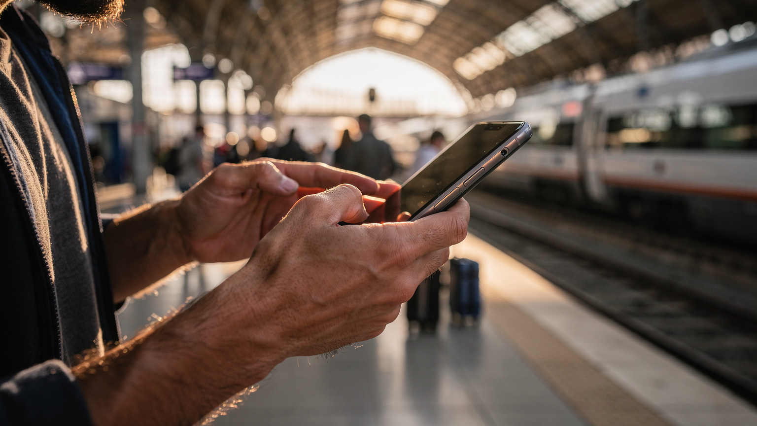 Kalabalık bir İspanyol tren istasyonunda, perondaki yolcuların arasında, elindeki akıllı telefonuyla uğraşan bir kişinin yakın çekimi. Telefon ekranı görünmüyor, sadece ellerin cihazla etkileşimi vurgulanıyor.