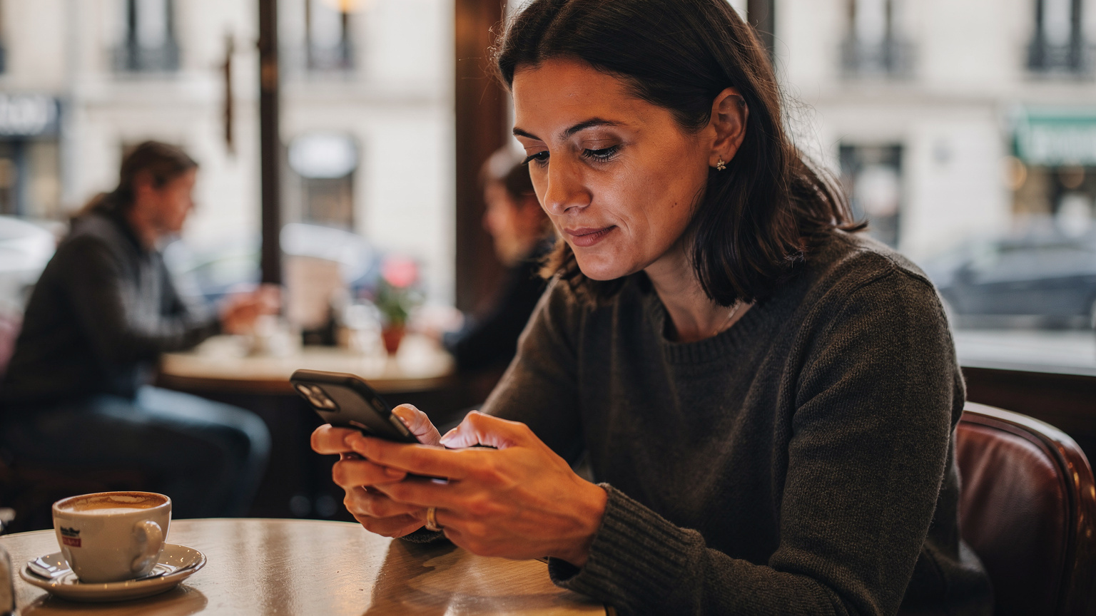Bir annenin elinde, bir Avrupa şehrindeki kafede otururken, akıllı telefonunda bir eSIM uygulamasından veri kullanımını kontrol ettiği anı gösteren bir fotoğraf. Ekran görünmüyor, sadece kadının dikkatli yüz ifadesi ve parmağının ekran üzerinde gezinmesi vurgulanıyor. Arka planda hareketli bir kafe ortamı.