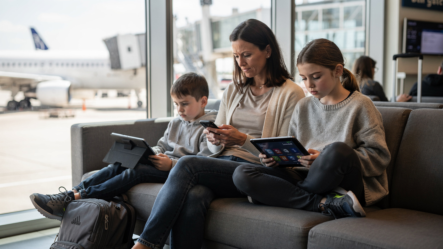 Bir anne ve iki çocuğunun (biri 8, diğeri 12 yaşında) yurt dışı uçuşu öncesi, havalimanı bekleme salonunda tabletlerine ve telefonlarına son uygulamaları yüklerken çekilmiş doğal bir fotoğraf. Çocuğun elindeki tabletin ekranı görünmüyor, sadece yükleme eylemi vurgulanıyor.