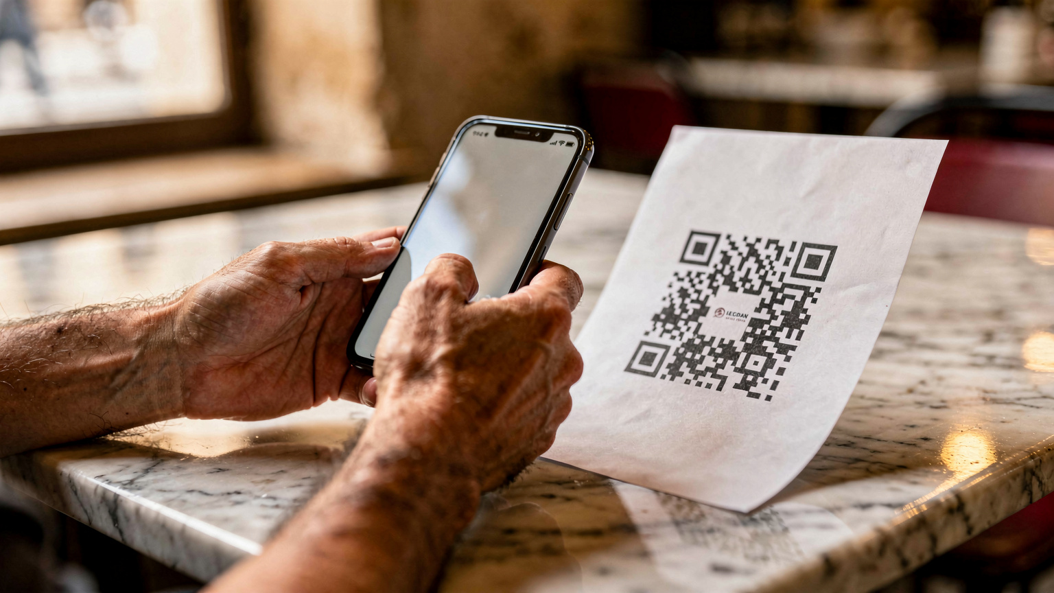 Mani che inquadrano un QR code su un telefono appoggiato a un tavolo di marmo a Ortigia