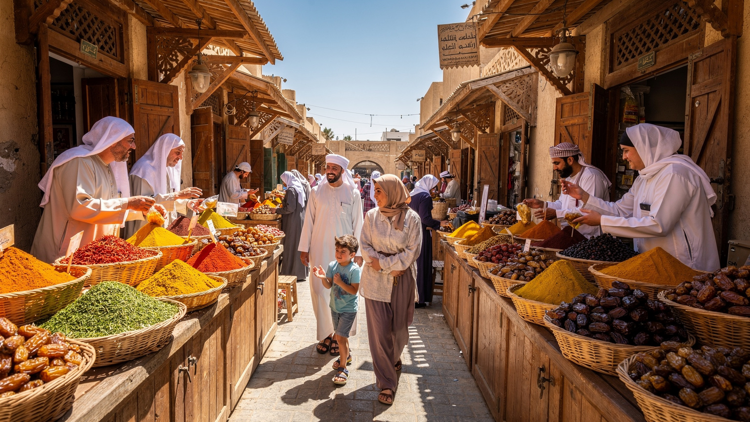 Een levendige straatmarkt in Souq Al-Mubarakiya, Koeweit, met lokale verkopers die specerijen en dadels aanbieden, en een gezin dat langs de kraampjes loopt onder fel zonlicht.