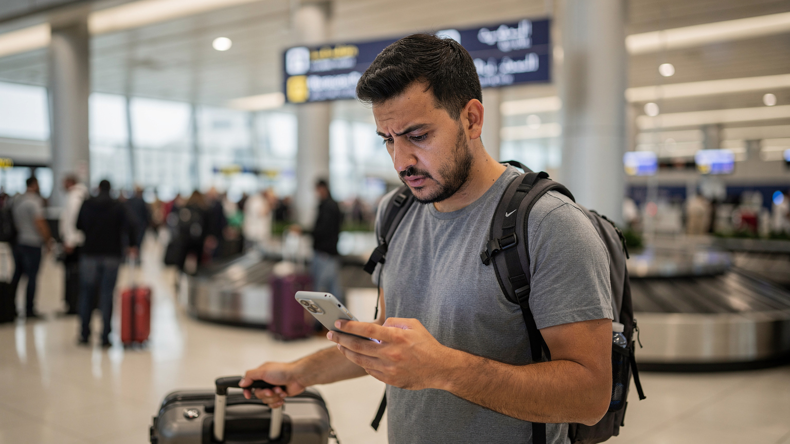 Een reiziger kijkt zorgelijk naar zijn telefoon in een drukke aankomsthal van Kuwait International Airport, terwijl hij zijn bagage in de gaten houdt en een taxi zoekt.