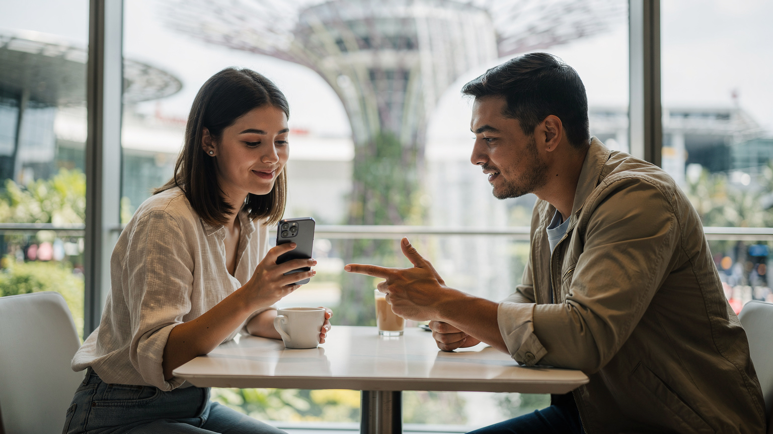 Couple at Changi Airport cafe, one holding a smartphone, discussing something on screen, with Jewel waterfall visible.