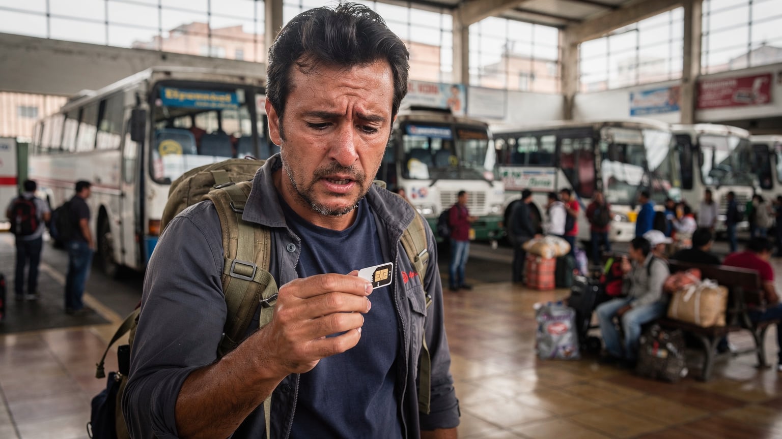 La Paz'daki bir otobüs terminalinde, bir gezgin cebinden fiziksel bir SIM kart çıkarırken yüzünde endişe ifadesi var. Arka planda otobüsler ve insanlar bulanık görünüyor.