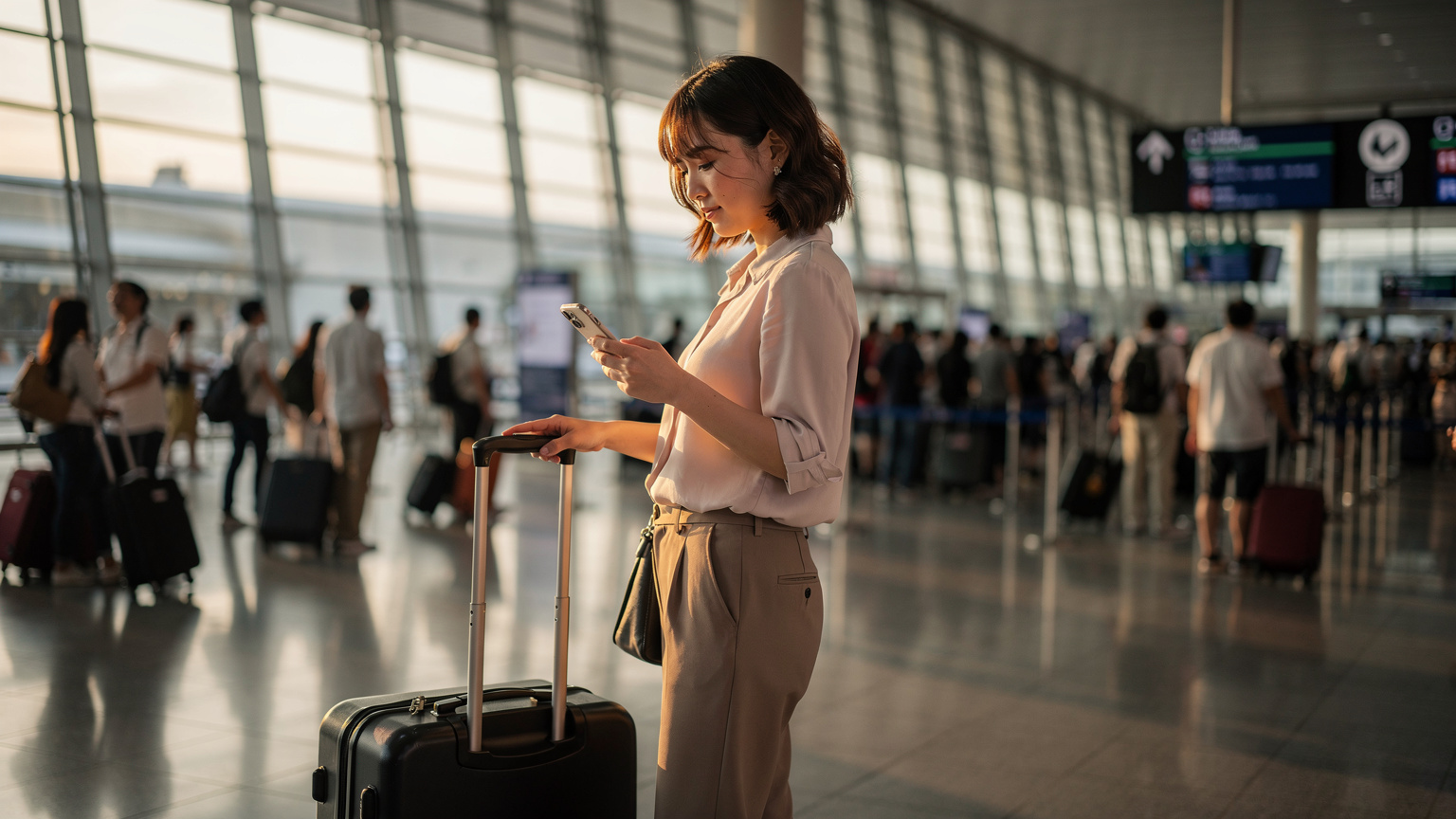 Young woman at Kansai Airport, intently checking her smartphone in a busy departures hall during Obon travel.