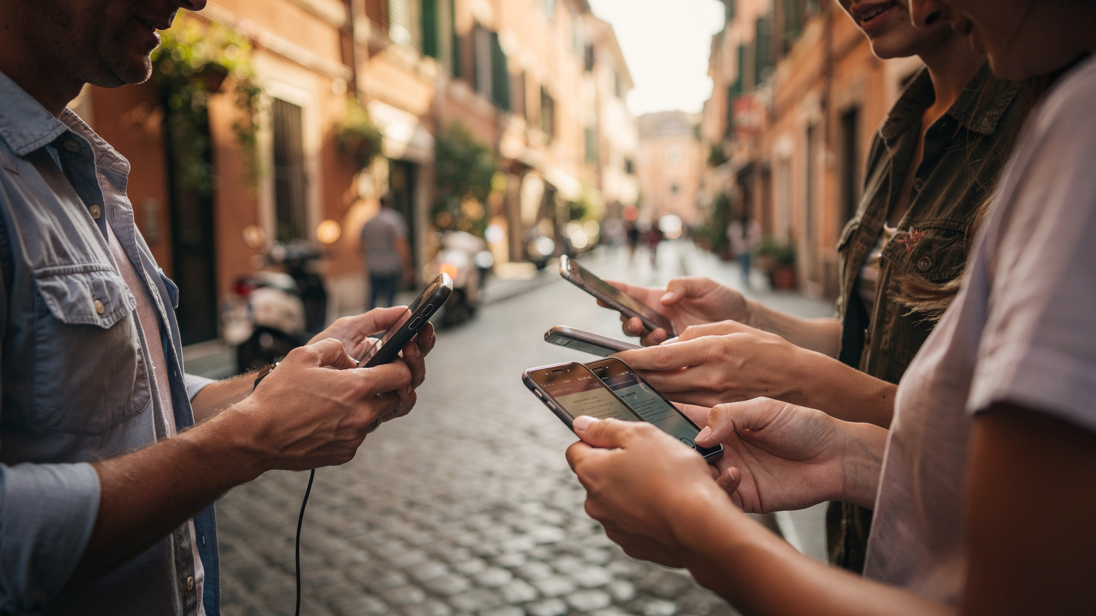 Roma'nın Trastevere bölgesindeki dar, Arnavut kaldırımlı bir sokakta, bir aile bireyi akıllı telefonundan diğer aile üyelerine hotspot sağlıyor. Güneşli bir öğleden sonra, tarihi binaların gölgesinde.
