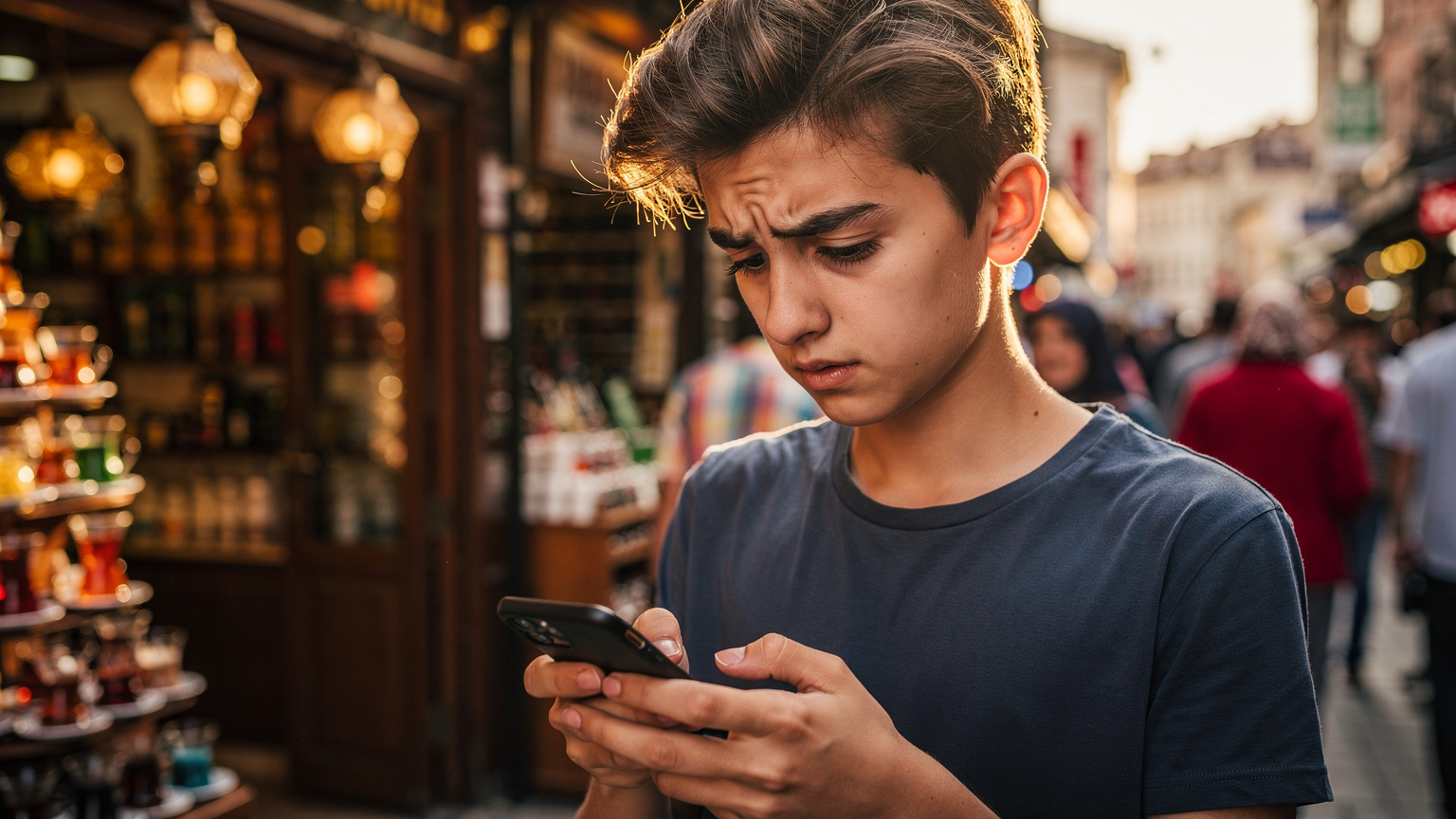 Hareketli bir İstanbul çarşısında, bir genç elindeki telefonun şarjının azaldığını fark edince hafif bir endişe ile ekrana bakıyor. Arkasında otantik Türk çaycı dükkanları ve kalabalık görünüyor.
