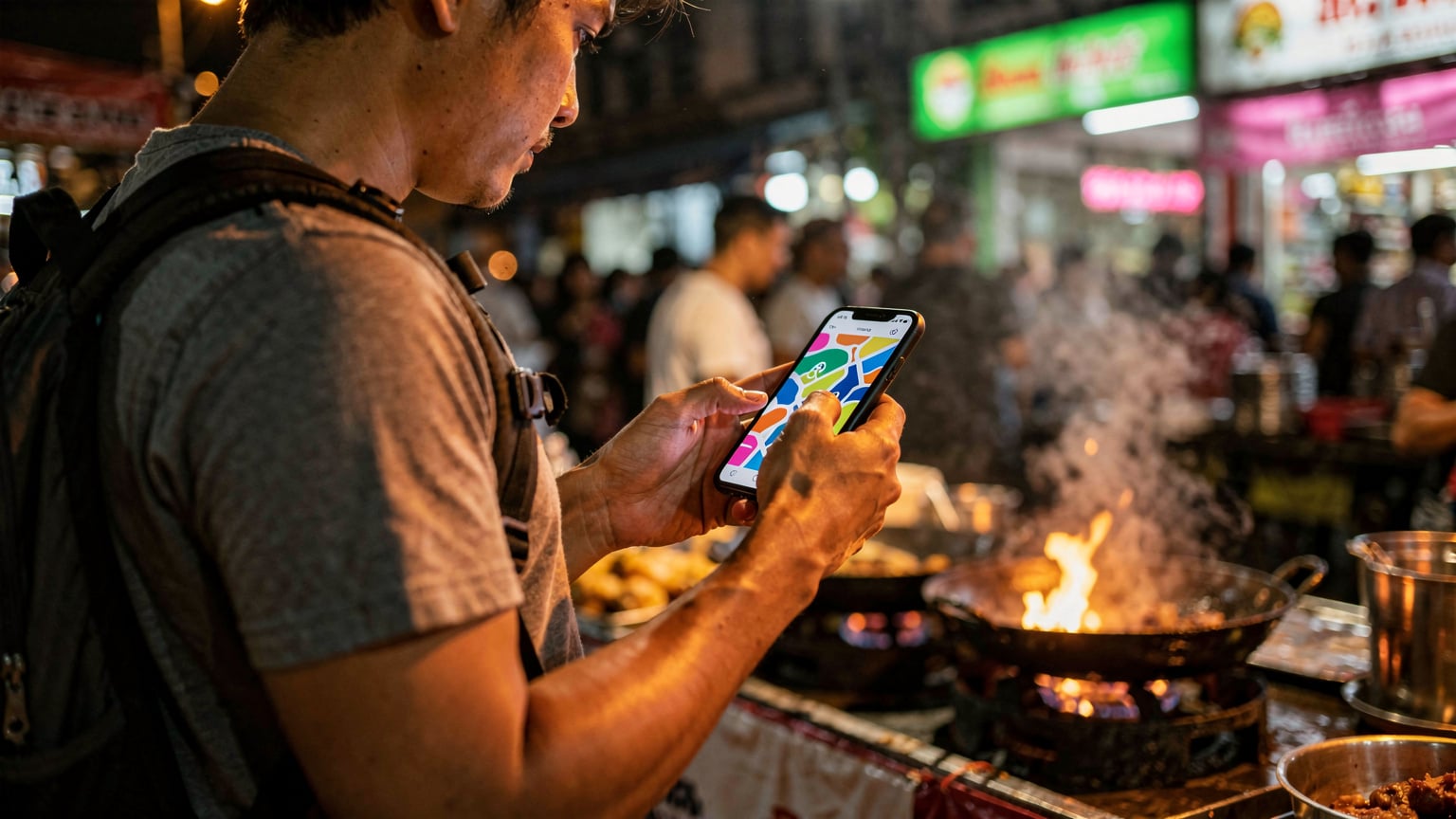 A person checks a navigation app on their phone while standing at a street food stall in Jakarta, Indonesia, with vibrant street life in the background, late evening light.