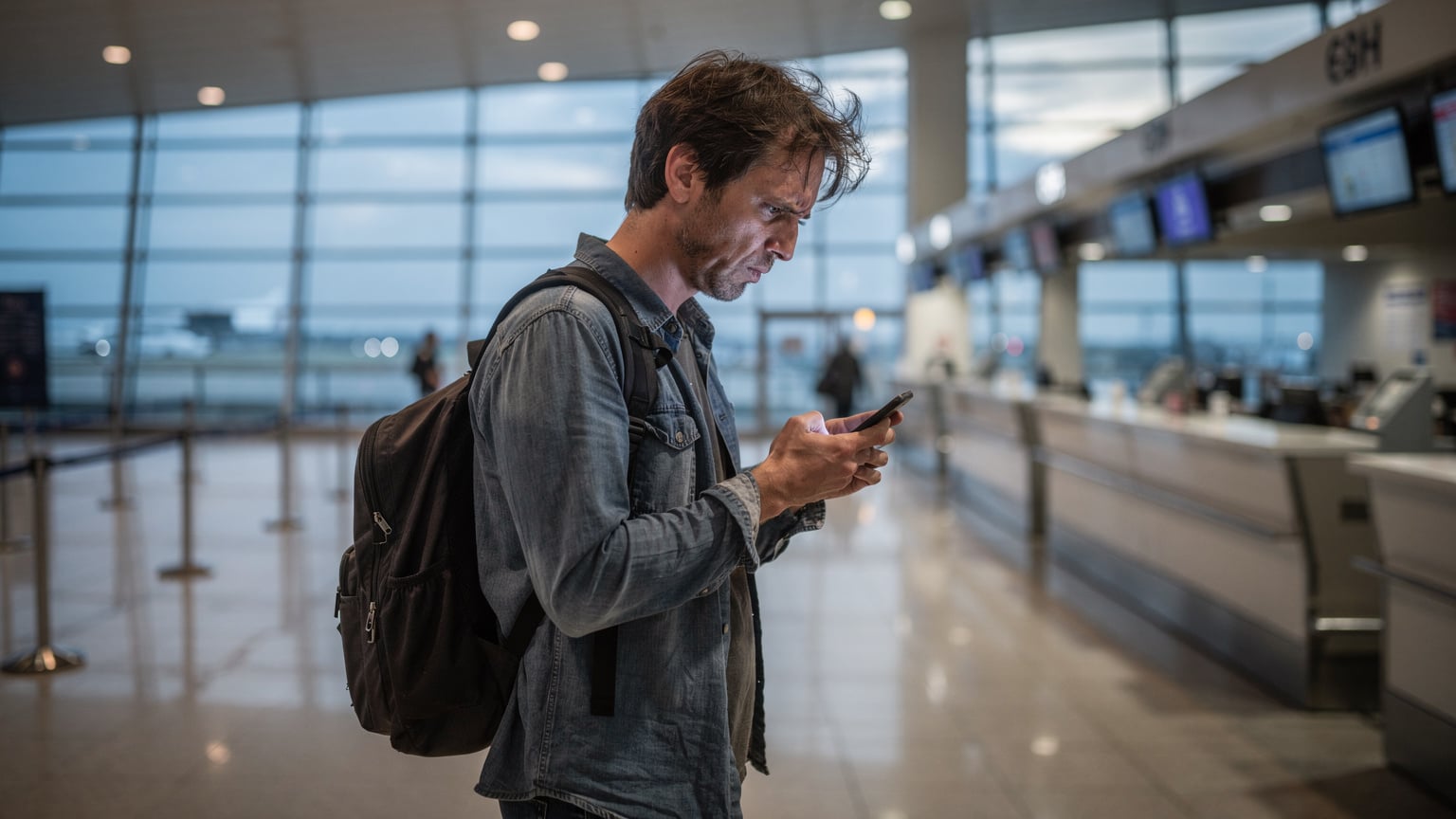 A traveler looks frustrated at their phone screen while standing at a deserted airport check-in counter, early morning, soft, cool light.