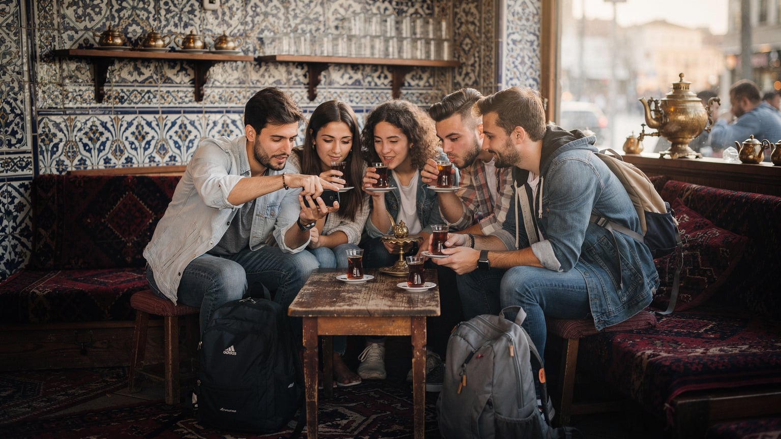 Eine Gruppe junger Reisender sitzt in einem traditionellen türkischen Café in Istanbul, auf kleinen Hockern, vor einer Wand mit dekorativen Fliesen. Sie trinken Cay und nutzen ihre Telefone, um Routen zu planen und Sehenswürdigkeiten zu finden.