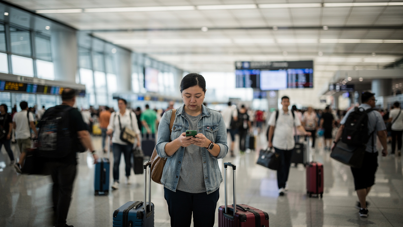 타오위안 국제공항 입국장 앞. 수많은 승객들이 짐을 끌고 이동하는 모습이 역동적으로 담겼다. 그 중 한 승객은 잠시 멈춰 서서 스마트폰을 조작하고 있다.