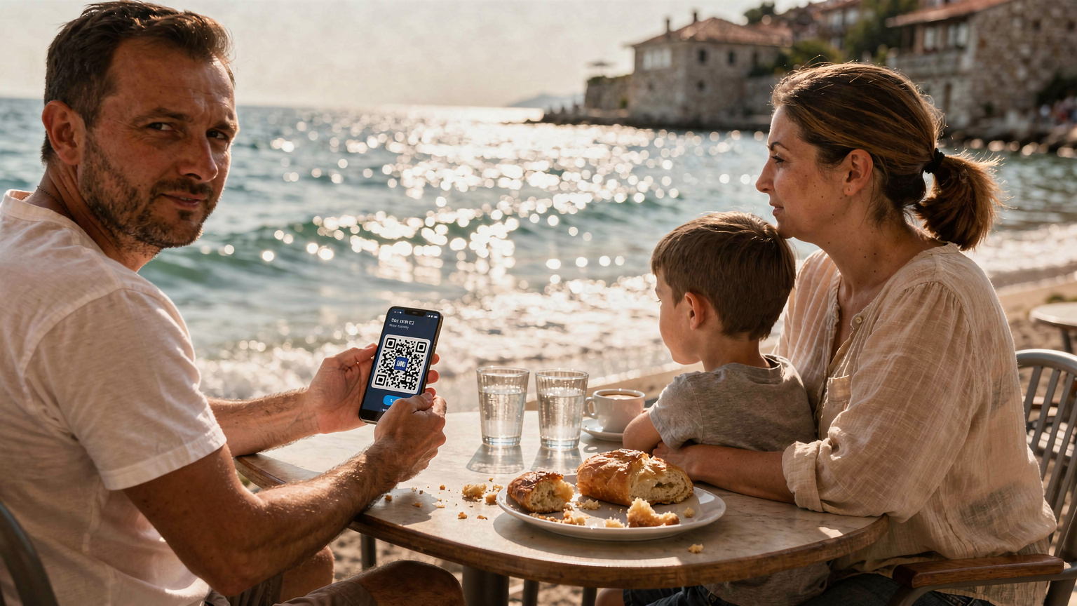 Family at a Nessebar beach cafe, father discreetly holding phone with eSIM, Black Sea in background.