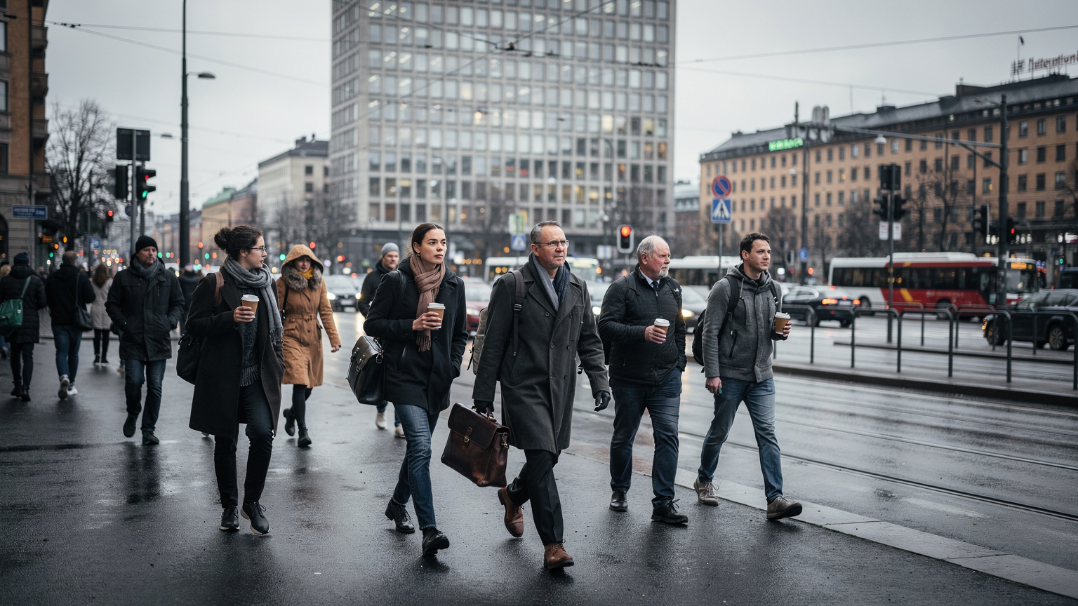 Kungsgatan i Stockholm en vardagsmorgon med människor på väg till jobbet, grå oktoberhimmel och Hötorgsskraporna i bakgrunden