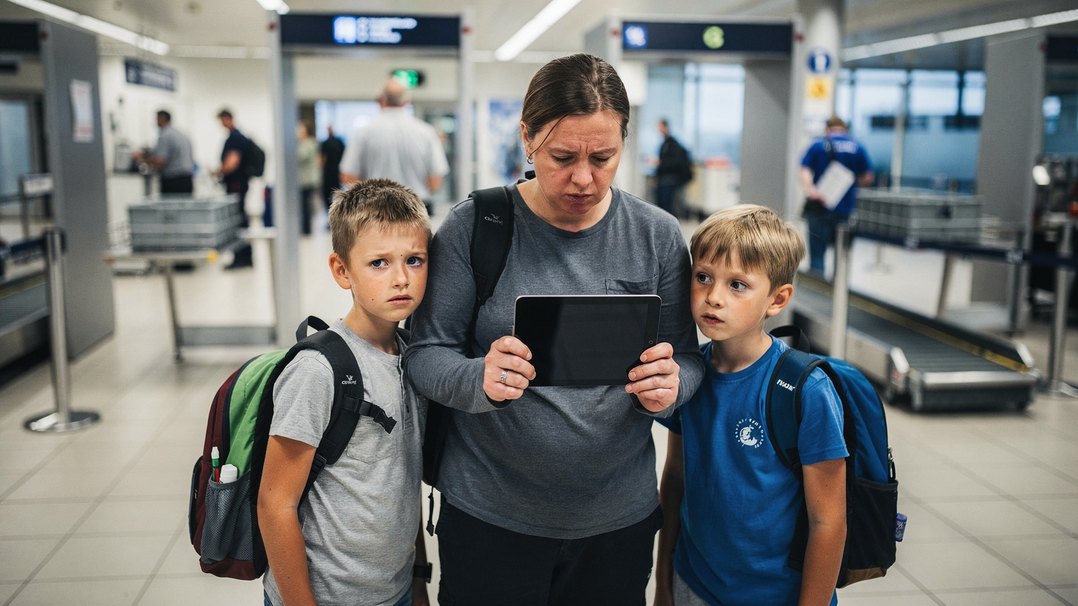 Familj vid säkerhetskontrollen på Arlanda flygplats, förälder håller en iPad medan två barn trängs med ryggsäckar