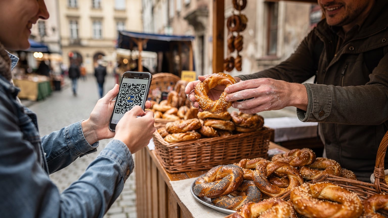 Krakow'un tarihi Kazimierz Yahudi Mahallesi'nde bir sokak tezgahından taze bir obwarzanek satın alırken, bir seyahat tutkunu telefonunu tutuyor ve ekranda eSIM kurulumu için bir QR kodu görünüyor (okunamaz).