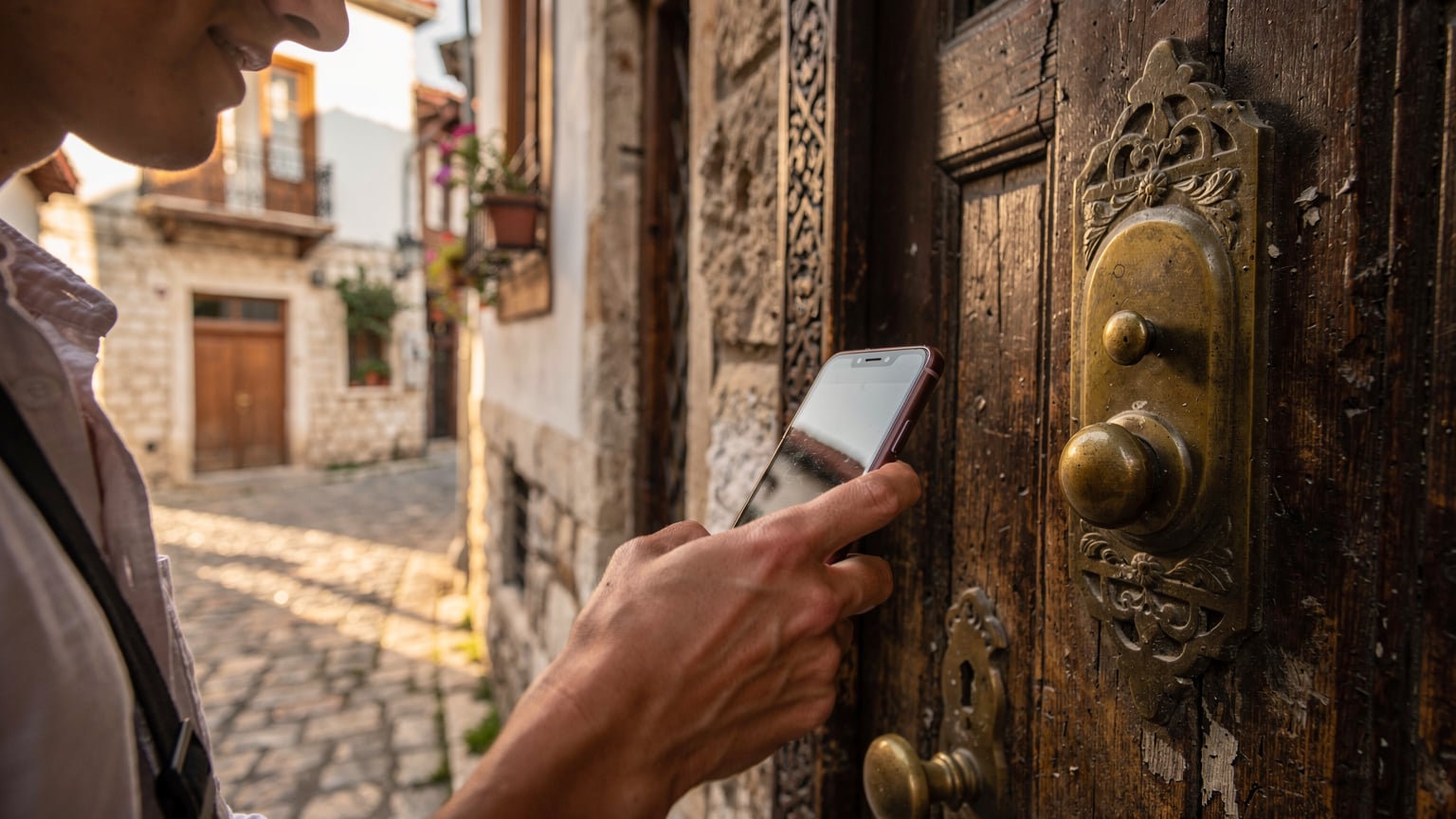 Antalya Kaleiçi'nde dar bir sokakta, batı güneşi yüzüne vururken telefonunu yakından inceleyen bir turist, tarihi bir Osmanlı evinin kapı zilini çalıyor.