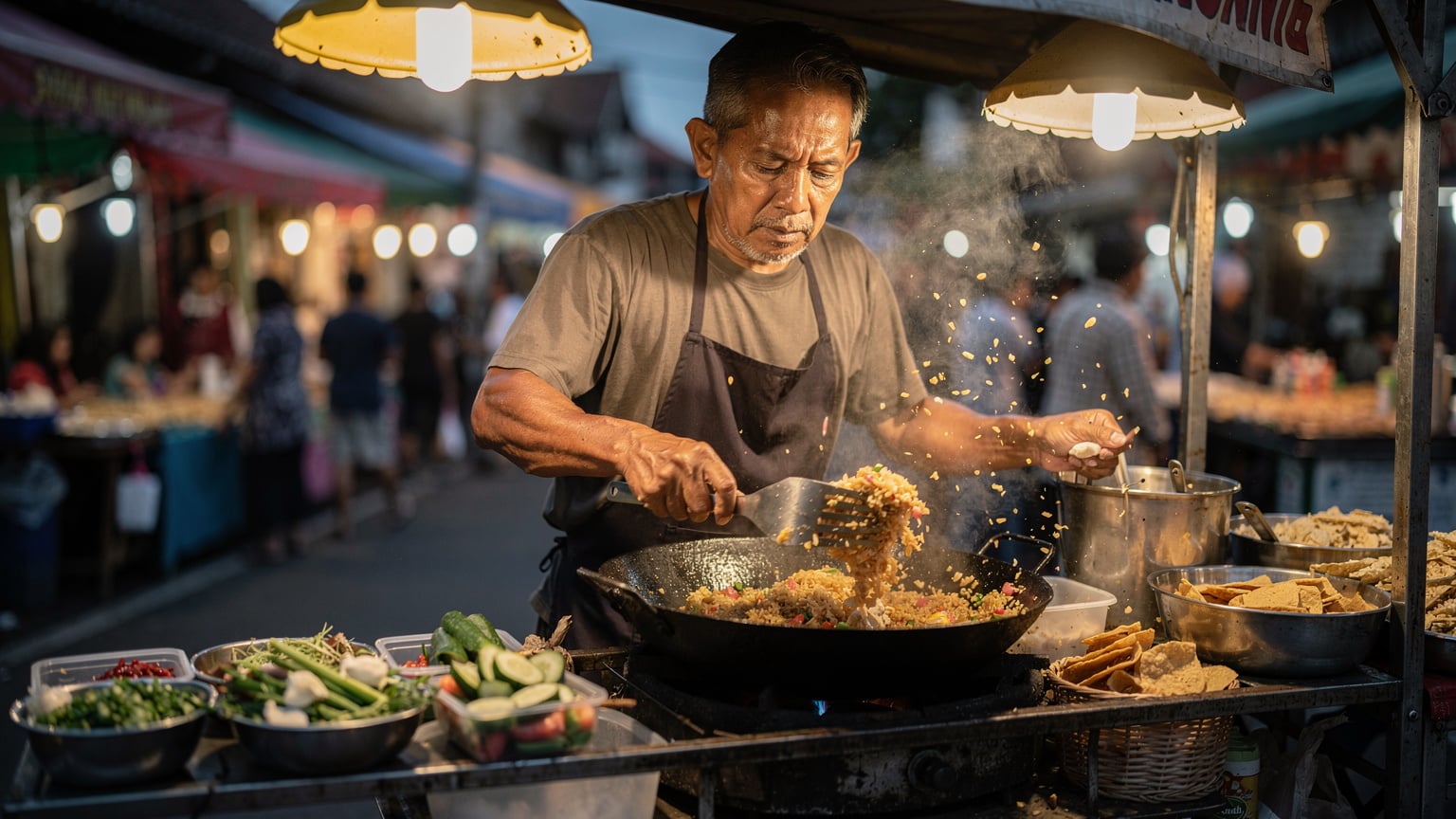 A street vendor in Yogyakarta, Indonesia, meticulously preparing a plate of Nasi Goreng, with steam rising from the wok and the bustling street market visible in the background.