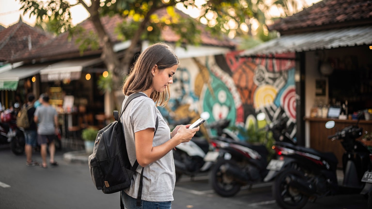 A traveler uses a local ride-hailing app on their phone while waiting for a driver on a busy street in Seminyak, Bali, surrounded by vibrant street art and the gentle hum of scooters.