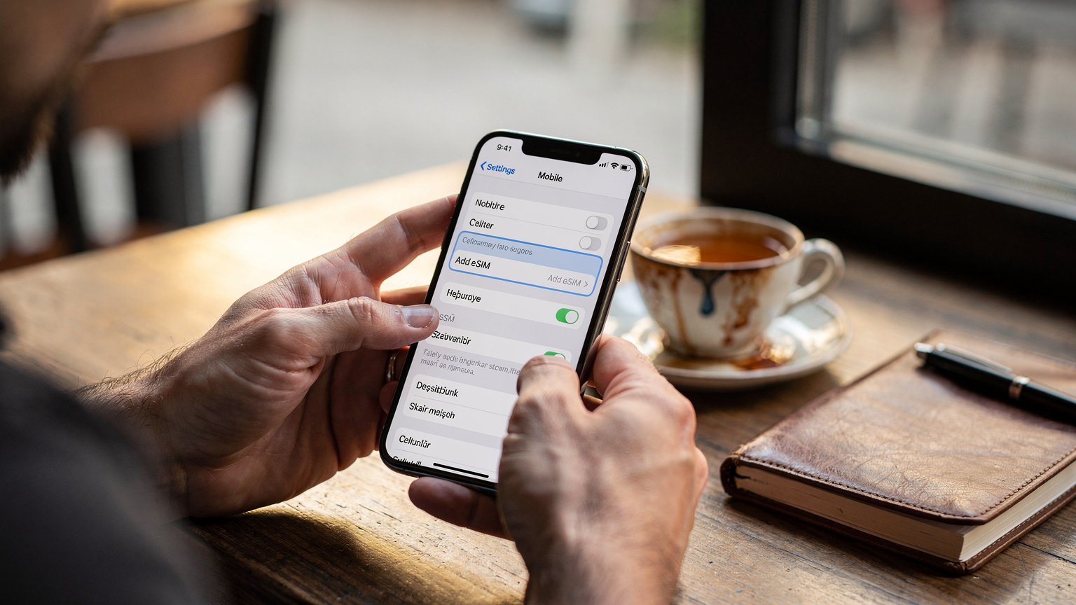 Bir kafede masada oturan bir kişinin elleri, akıllı telefon ekranında eSIM ekleme ayarlarını gösteriyor, yanında bir fincan çay var.