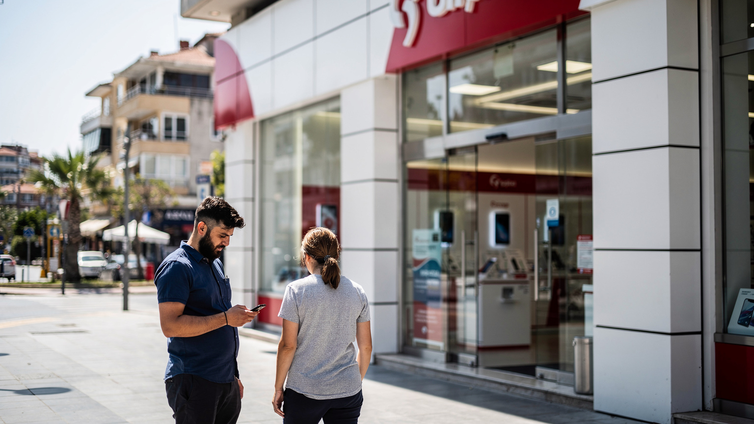 Türk Telekom mağazasının önünde bekleyen iki kişi, gün ortası güneş ışığında dış cephenin önünde duruyor.