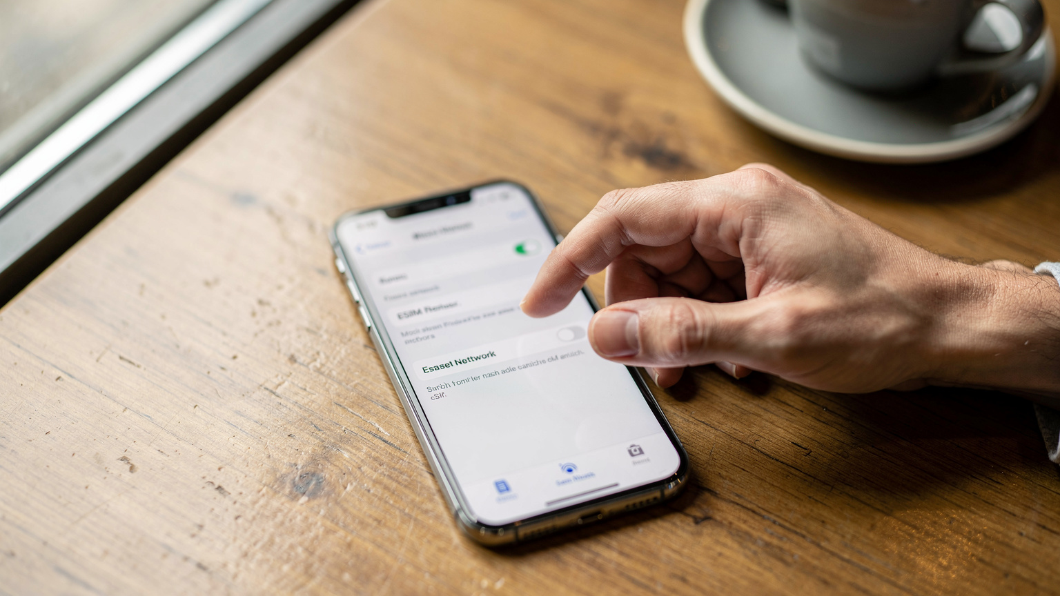 Bir kafenin penceresinden gelen yumuşak gün ışığında, bir kişinin eli akıllı telefonunda mobil ağ ayarları arasında eSIM profilleri arasında geçiş yapıyor.