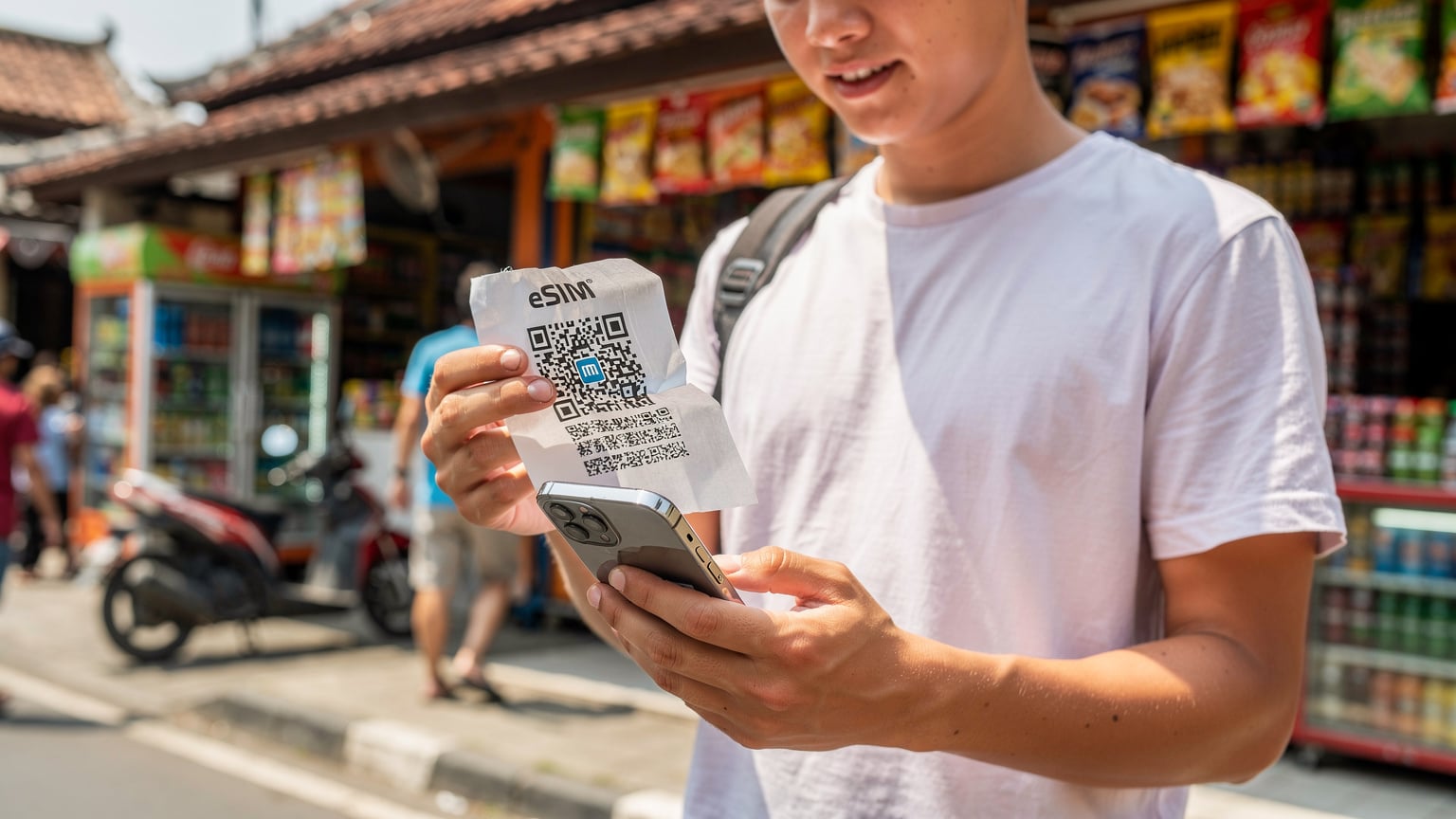 Kuta, Bali'deki hareketli bir caddede, yerel bir dükkanın önünde duran bir gezgin, telefonunu tutarak bir eSIM QR kodunu tarıyor.